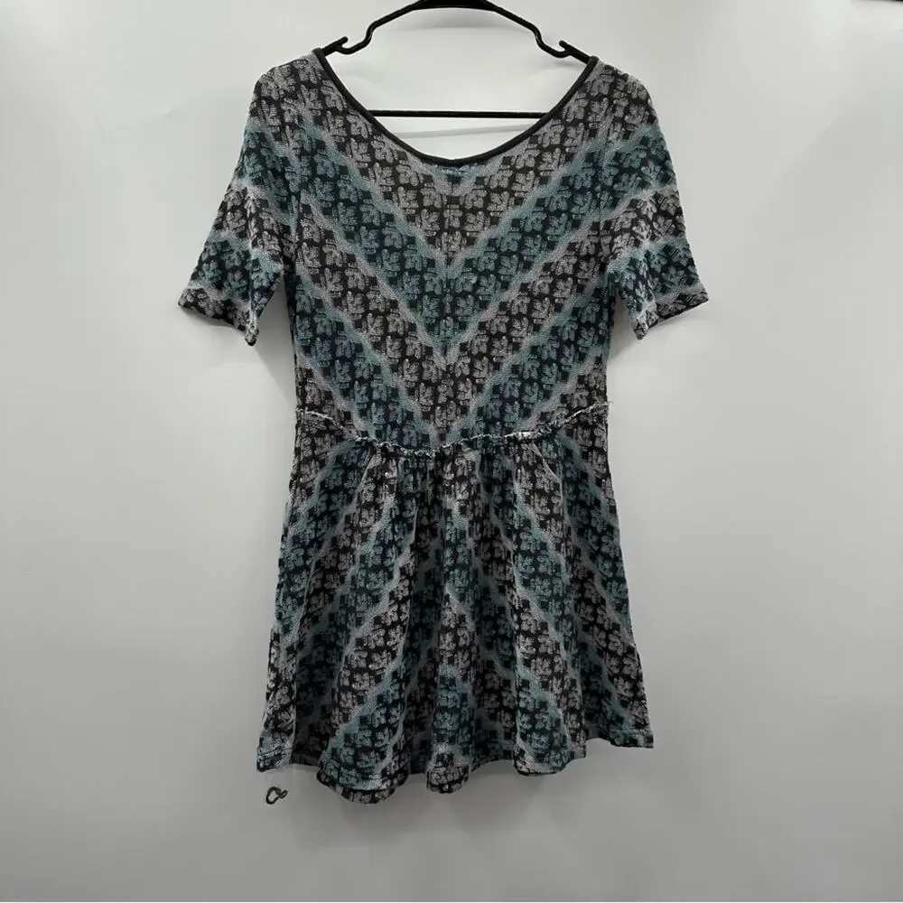 Free People Gray Blue & White Short Sleeve Scoop Neck‎ Knit Tunic Dress Size S